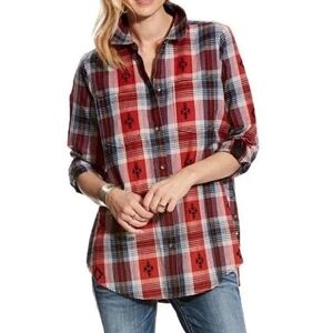 Ariat "Etna" Embroidered Aztec Plaid Flannel Red Black | Women's Size L